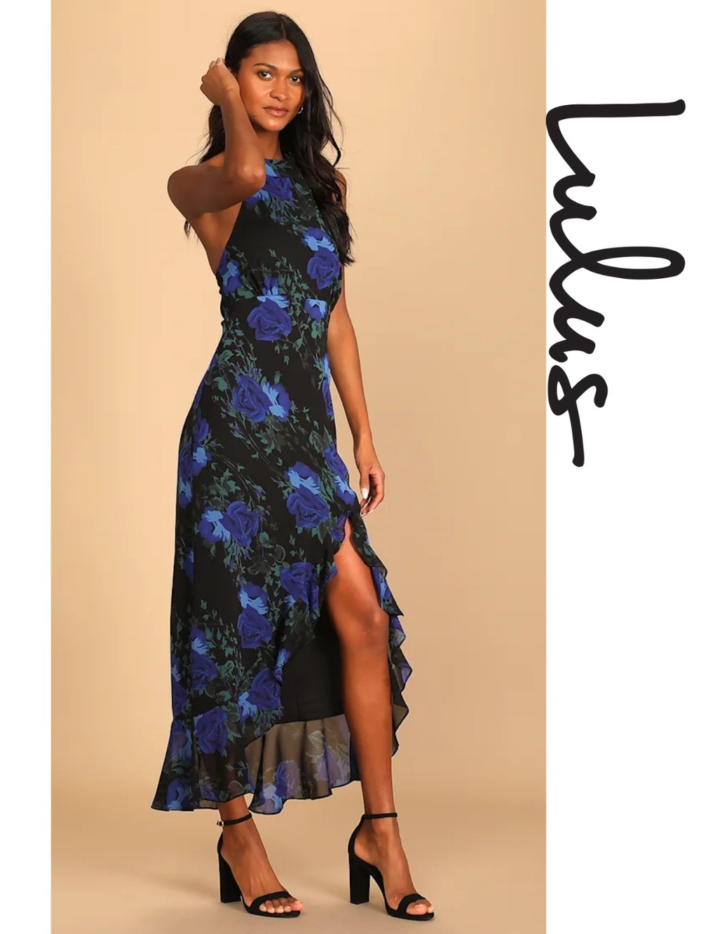 Lulu's - Elegant Entrance Black Floral Print Halter Maxi Dress- Small - Picture 2 of 6